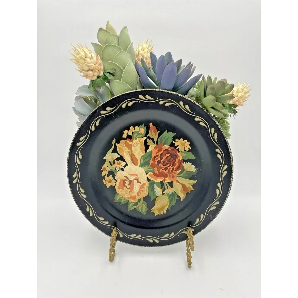 Vintage Toleware Plate Black Wall Pocket Hand Paint Roses w/Succulent Florals